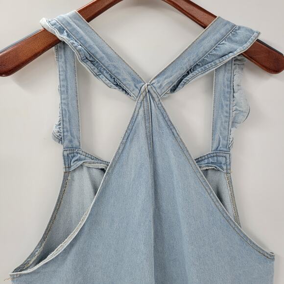 Polagram Overall Button Up Denim Jumpsuit Womens L Blue Light Wash Ruffle Straps - Picture 11 of 16